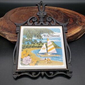 Vintage Aloha Hawaii Cast Iron Trivet Ceramic Tile Wall Plaque Japan 1970s